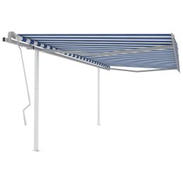 Manual Retractable Awning with Posts 157.5"x118.1" Blue and White